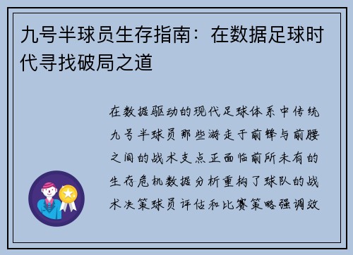 九号半球员生存指南：在数据足球时代寻找破局之道